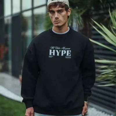 Férfi Fekete Oversize 3 Szálas Pamut Nyomott Kerékpárnyakú Sweatshirt 2