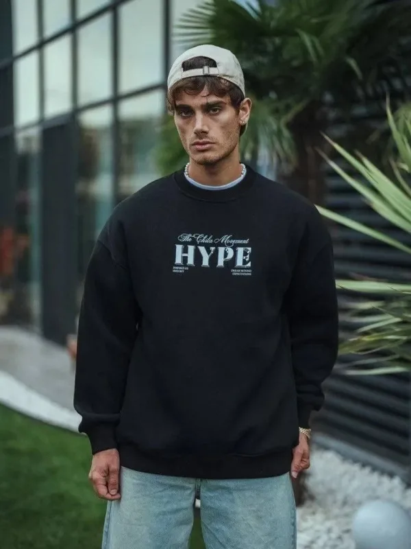 Férfi Fekete Oversize 3 Szálas Pamut Nyomott Kerékpárnyakú Sweatshirt 2