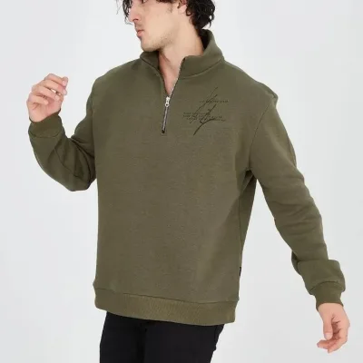 Men's Green Half Zip 3-Thread Cotton Printed Sweatshirt 2