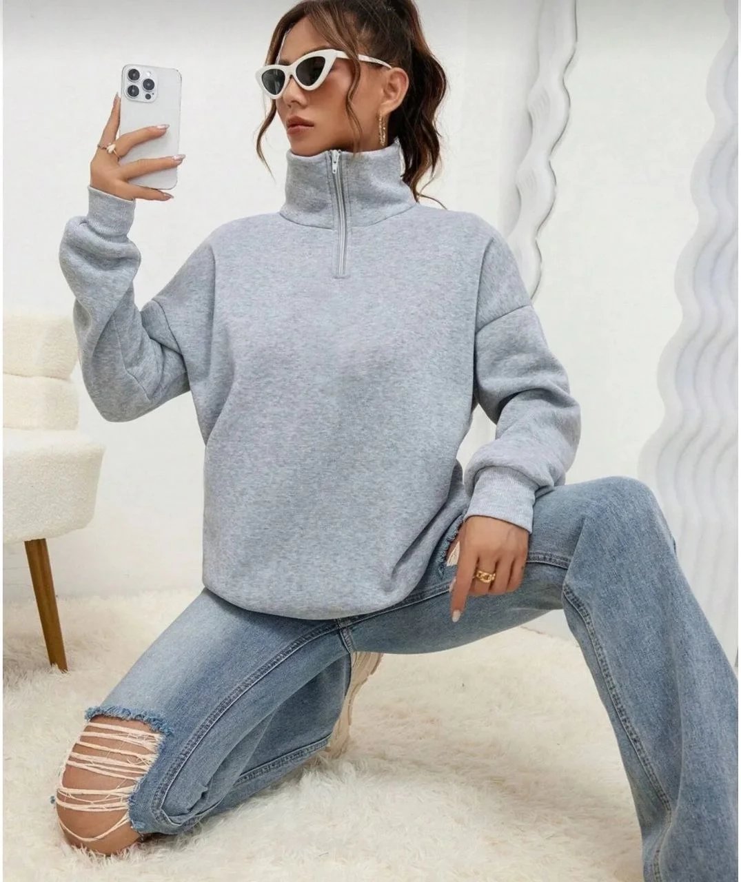 Kadın Gri Yarım Fermuarlı Yüksek Yaka Pamuklu Sweatshirt