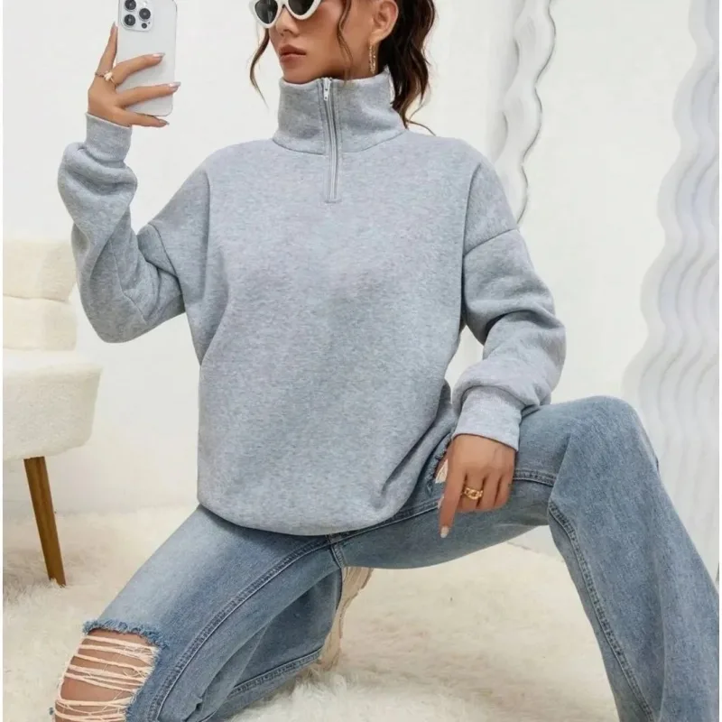 Dámský šedý bavlněný sweatshirt s polovičním zipem a vysokým límcem