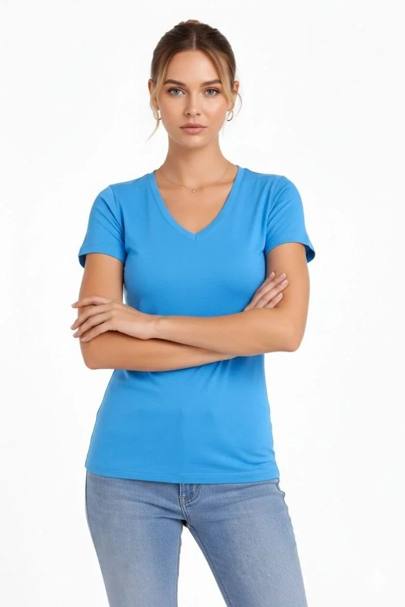 Dámske svetlomodré slim fit V-výstrihové tričko s lycrou