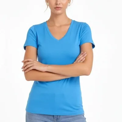 Dámske svetlomodré slim fit V-výstrihové tričko s lycrou 1