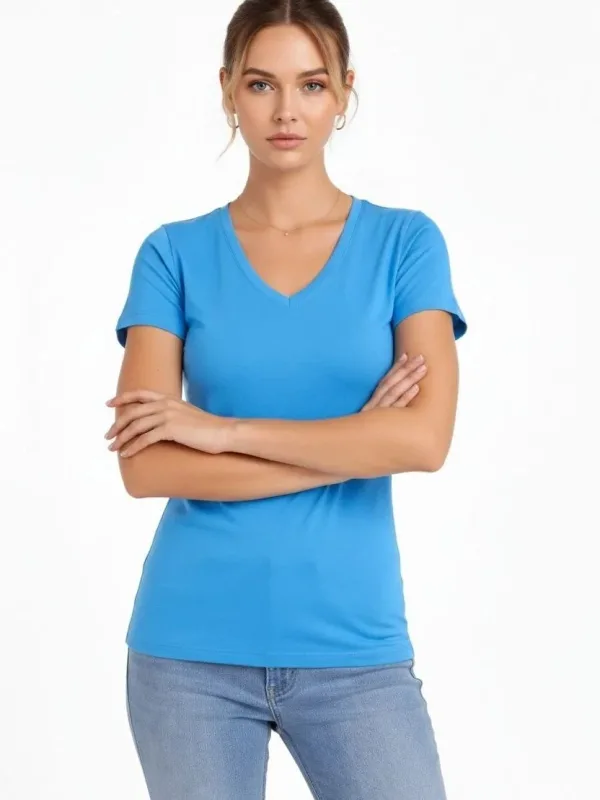Dámske svetlomodré slim fit V-výstrihové tričko s lycrou 1