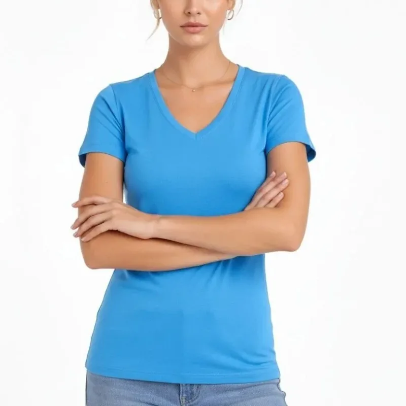 Jina Şîn Vekirî Slim Fit V Yaka Likralî Basic Tîşort