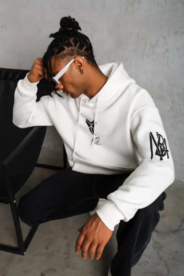 Bărbați Alb Oversize 3 Fire Bumbac Capușon Imprimat Sweatshirt 5