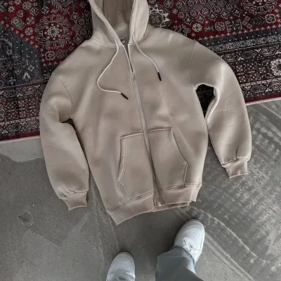 Sweatshirt ya Jinan Bej, Oversize, Bi Kulek, Bi Berîkên Kangurû, Bi Çap 2
