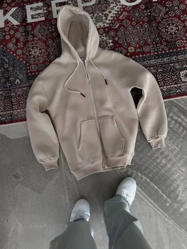 Sweatshirt ya Jinan Bej, Oversize, Bi Kulek, Bi Berîkên Kangurû, Bi Çap 2