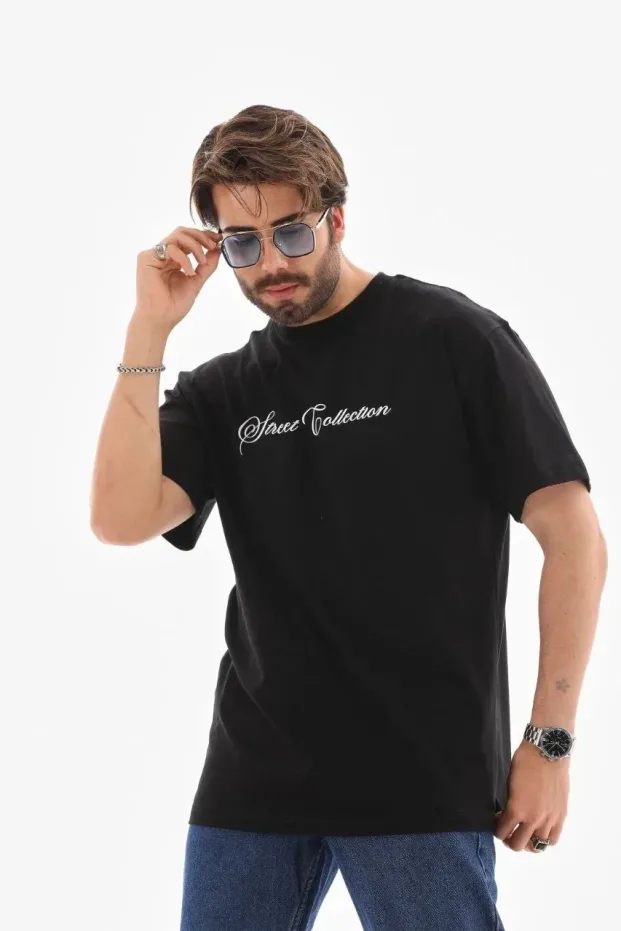 Muška crna oversized bicikli kragna štampana letnja majica 4
