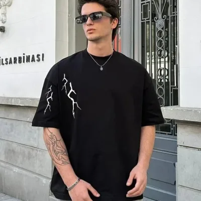 Bărbat Negru Oversize Guler Bicicletă Tricou Imprimat Fulger 1