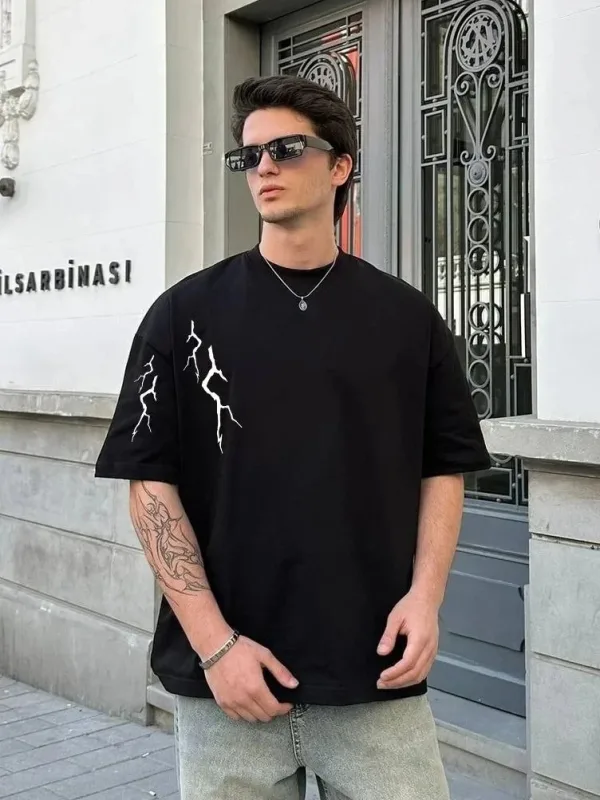 Bărbat Negru Oversize Guler Bicicletă Tricou Imprimat Fulger 1