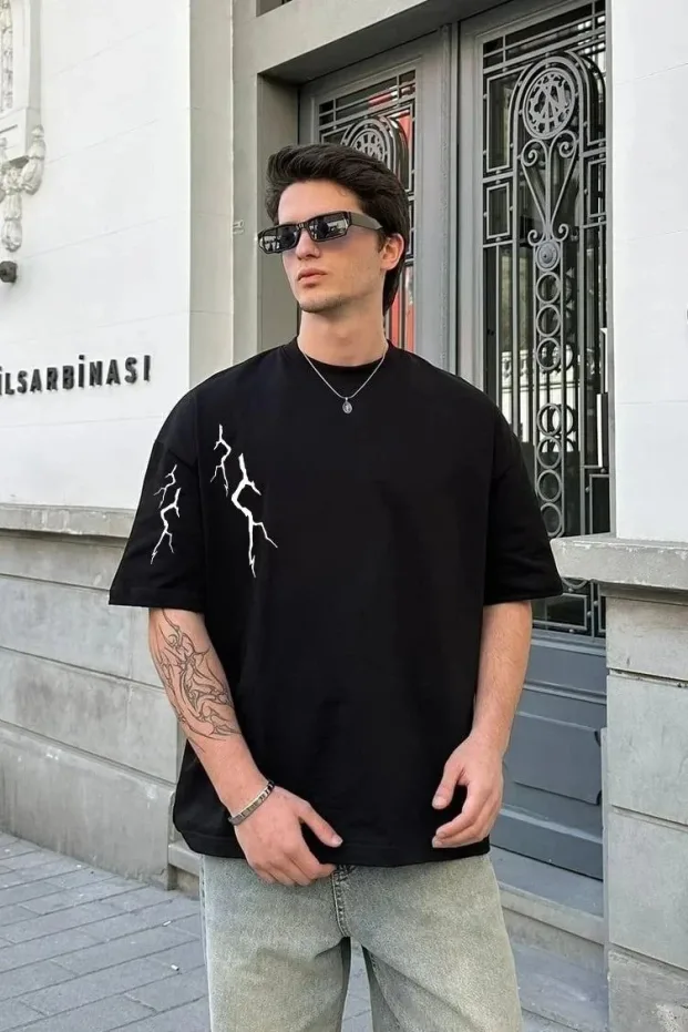 Bărbat Negru Oversize Guler Bicicletă Tricou Imprimat Fulger 1