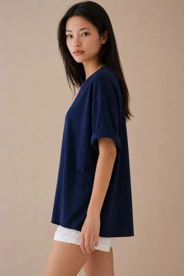 Gratë Blu e Errët Ribana Oversize T-Shirt 100% Pambuk Prerje e Lirshme 5