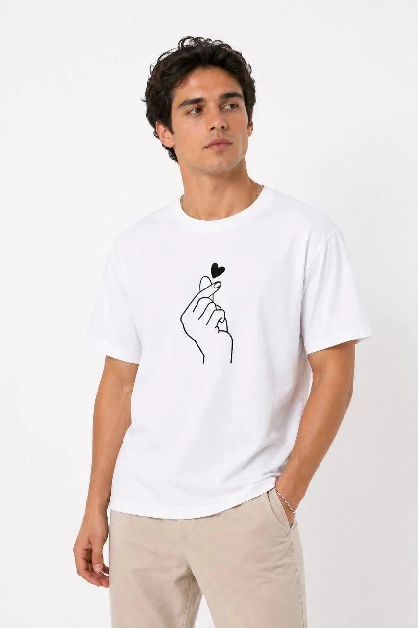 Muški bijeli oversize print srce tema kratki rukav majica
