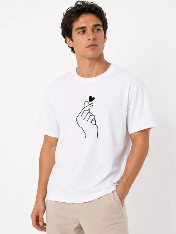 Muški bijeli oversize print srce tema kratki rukav majica 1