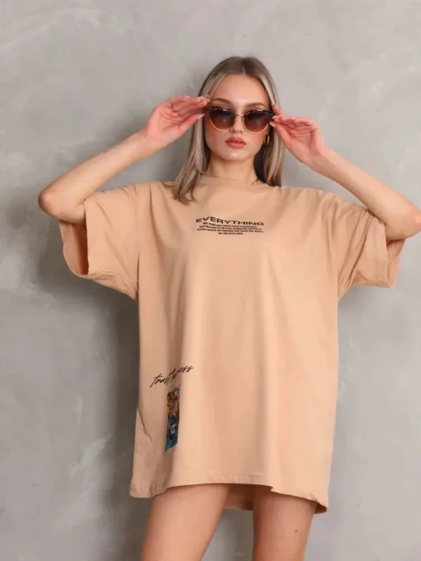 Женски Беж Oversize Бициклета Јака Печатена Кратка Ракав Маица 1