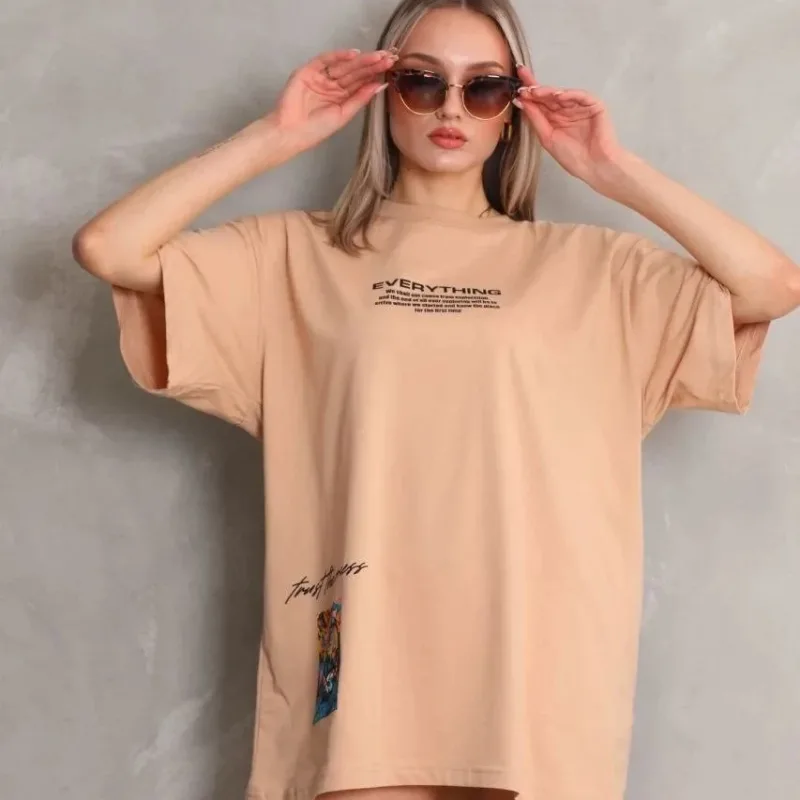 Women's Beige Oversize Crew Neck Printed Short Sleeve T-Shirt