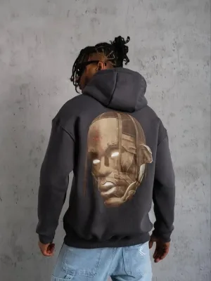 Men's Smoked 3-Thread Cotton Hooded Sweatshirt with Drawstring and Fleece Lining