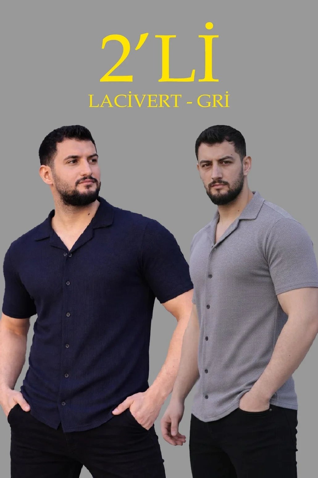 Erkek 2'li Set Waffle Kumaş Açık Yakalı Düğmeli Regular Fit Gömlek