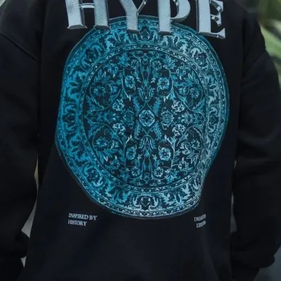 Férfi Fekete Oversize 3 Szálas Pamut Nyomott Kerékpárnyakú Sweatshirt 3