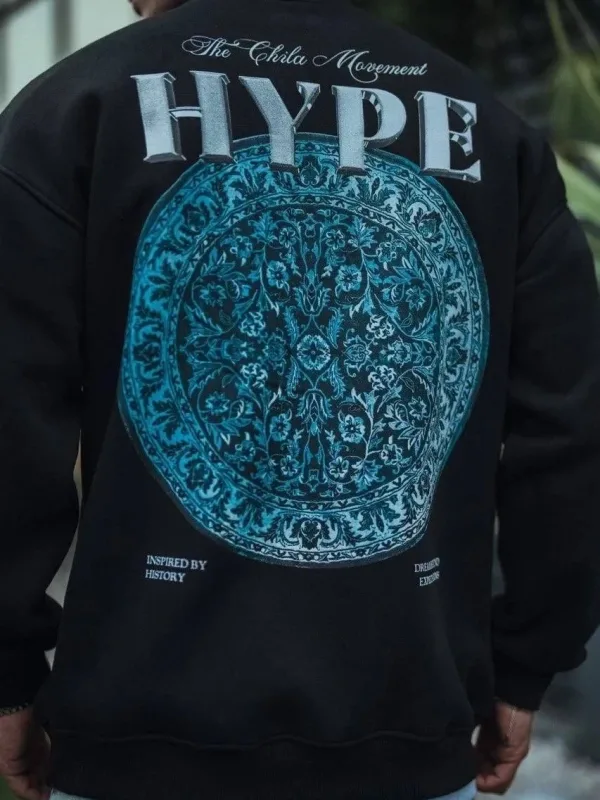 Férfi Fekete Oversize 3 Szálas Pamut Nyomott Kerékpárnyakú Sweatshirt 3