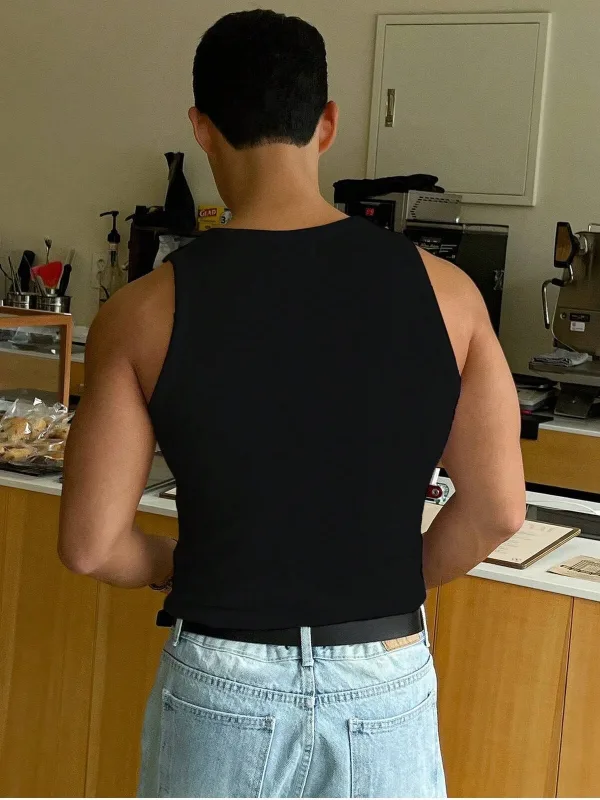 Black Halter Neck Ribbed Stretch Athletic Tank Top 4
