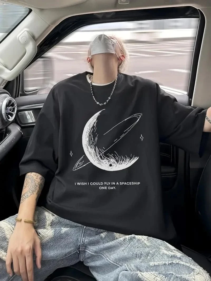 Men's Black Oversize Bicycle Neck Printed T-Shirt