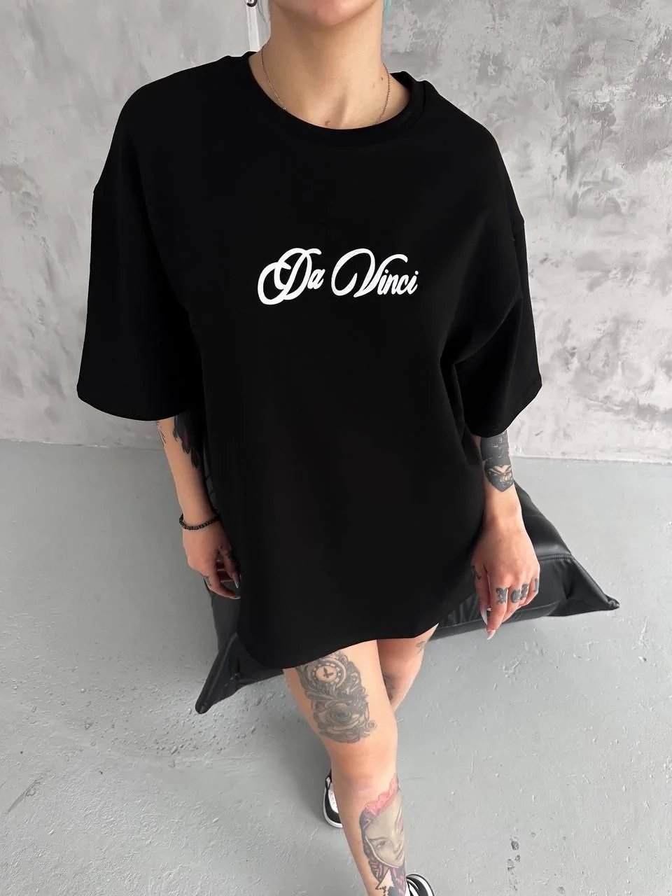 Women's Black Oversize Crew Neck Printed Short Sleeve T-Shirt 2