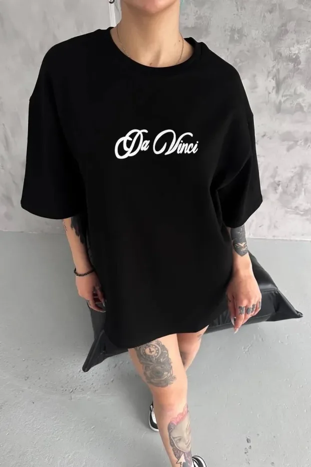 Women's Black Oversize Crew Neck Printed Short Sleeve T-Shirt 2