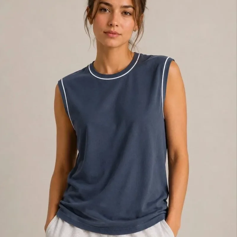 Women's Indigo Contrast Binding Sleeveless Scoop Neck Basic Tank Top