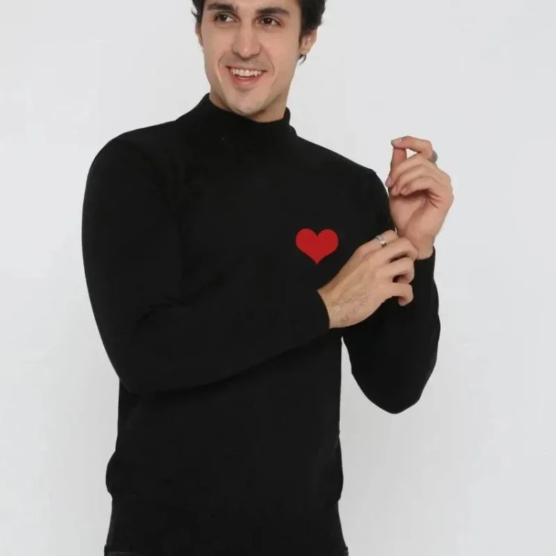 Masculin Negru Guler Semi-Turtleneck Tricou Imprimat Inima