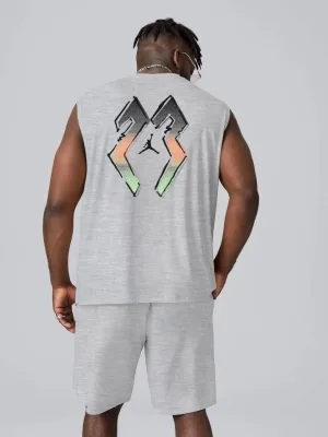 Men's Gray Sleeveless Back Printed Sport Set with Shorts