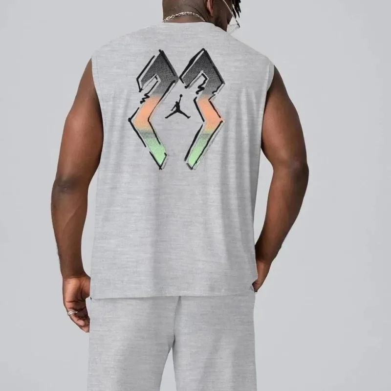 Men's Gray Sleeveless Back Printed Sport Set with Shorts