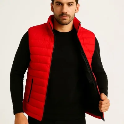 Men's Red Water-Repellent Puffer Zippered Quilted Vest with Pockets 3