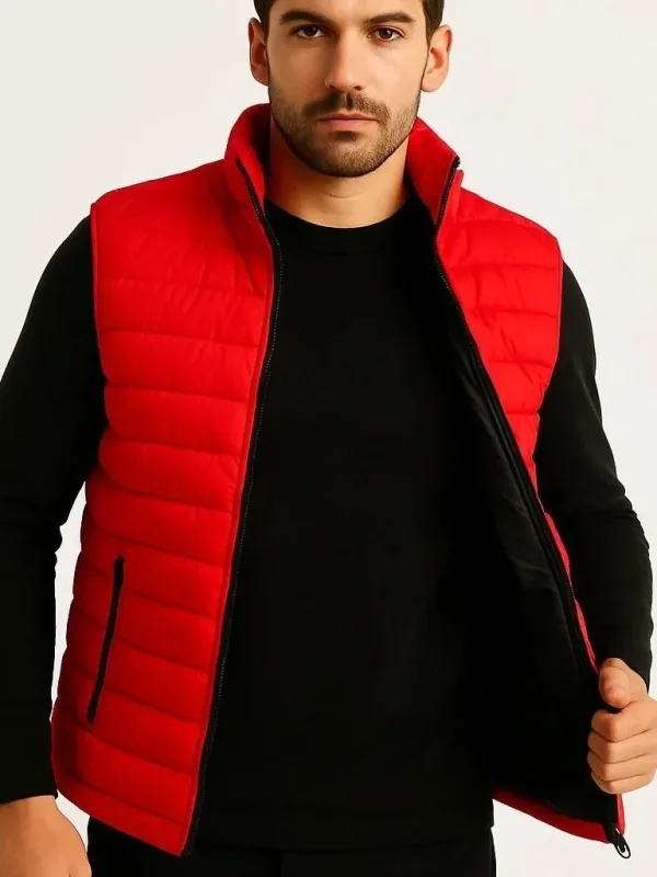 Men's Red Water-Repellent Puffer Zippered Quilted Vest with Pockets 3