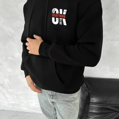 Muška crna 3-nitna pamučna kapuljača s printom i kengur džepom sweatshirt 2