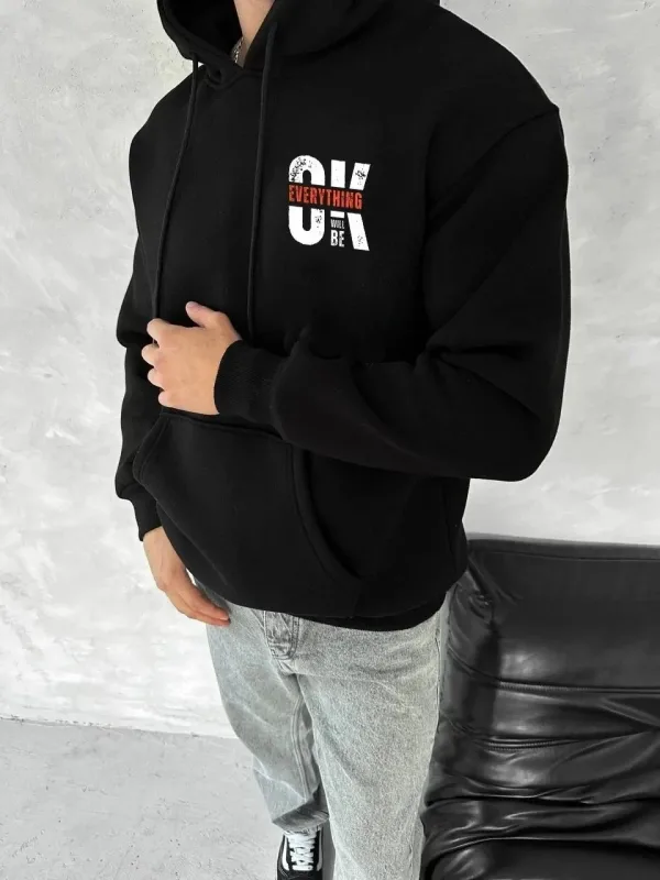 Muška crna 3-nitna pamučna kapuljača s printom i kengur džepom sweatshirt 2