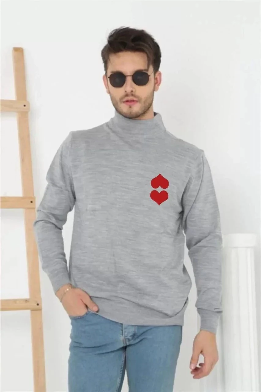 Men's Gray Mock Turtleneck Printed Knit Sweater