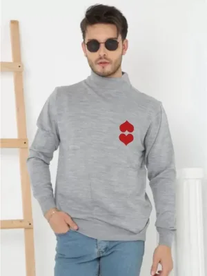 Men's Gray Mock Turtleneck Printed Knit Sweater