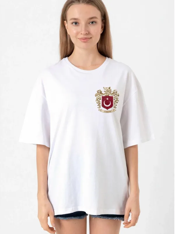 Férfi fehér oversized kerékpárnyakú török címer nyomtatásos póló 1