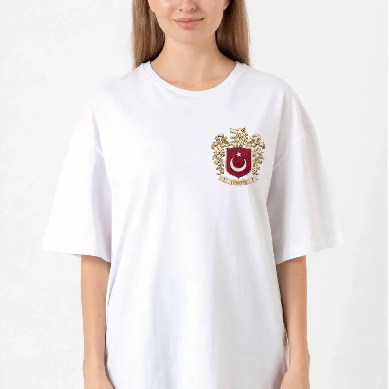 Férfi fehér oversized kerékpárnyakú török címer nyomtatásos póló