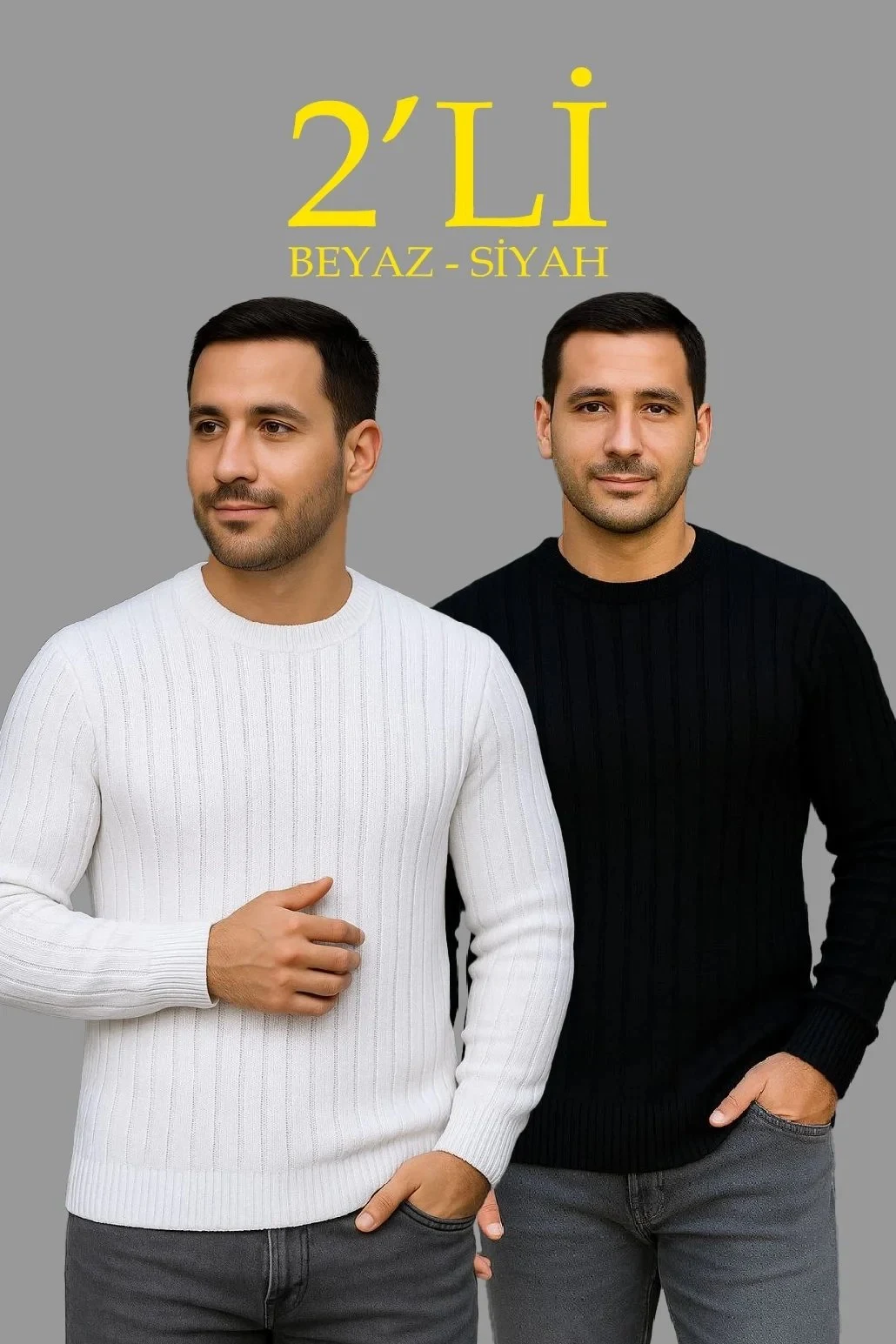 Men's 2-Piece Set Ribbed Regular Fit Crew Neck Thick Knit Sweater