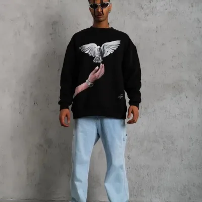 Men's Black 3-Thread Crew Neck Dove Printed Sweatshirt 2