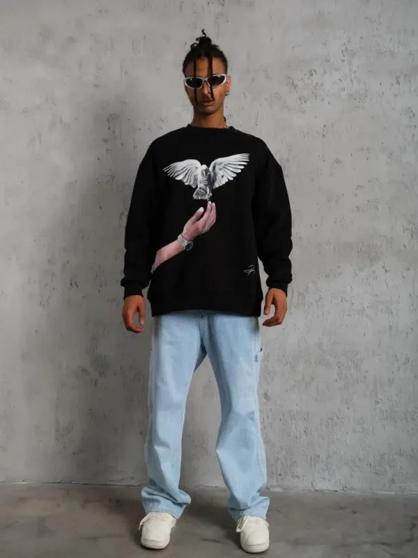 Men's Black 3-Thread Crew Neck Dove Printed Sweatshirt 2