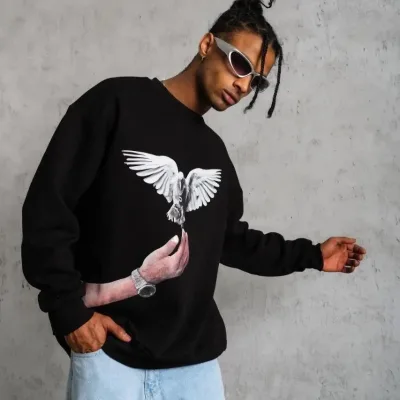 Men's Black 3-Thread Crew Neck Dove Printed Sweatshirt 4