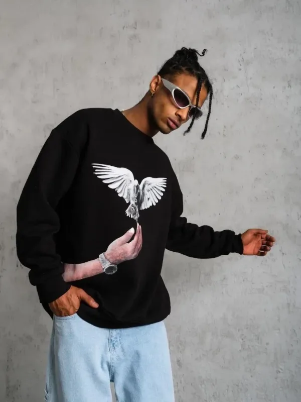 Men's Black 3-Thread Crew Neck Dove Printed Sweatshirt 4