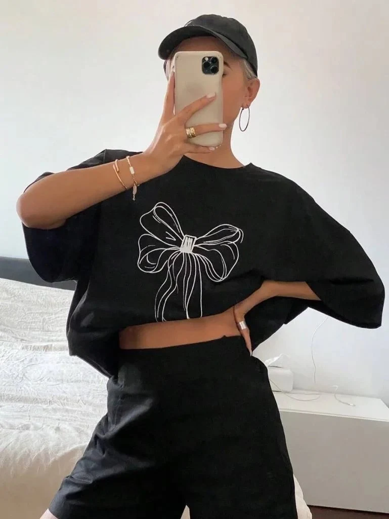 Femea Neagra Oversize Guler Bicicleta Tricou cu Imprimeu Funda