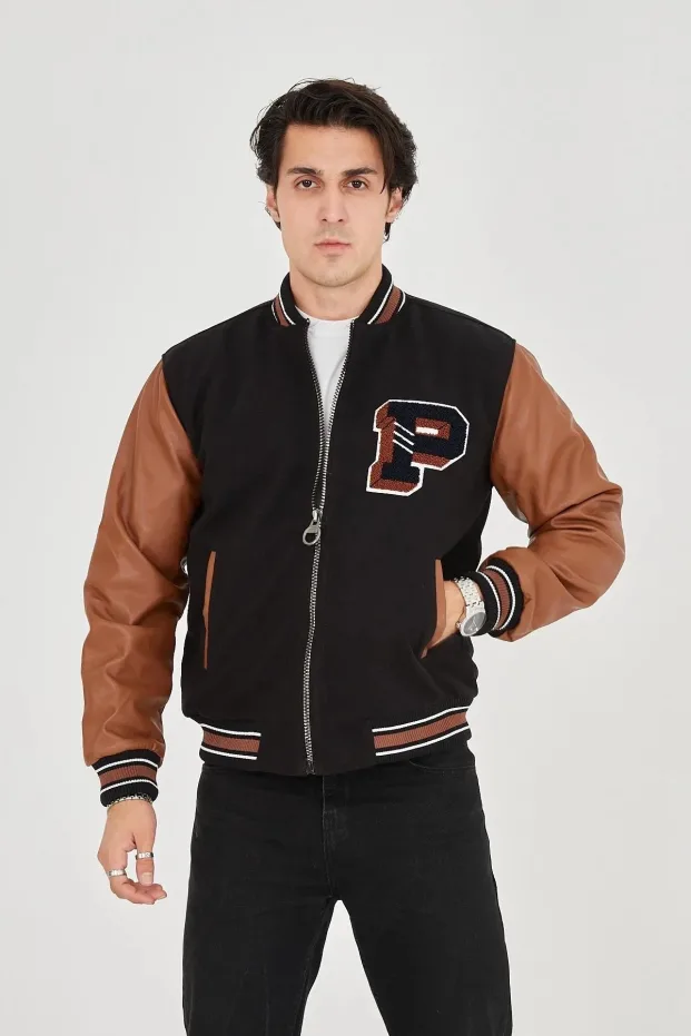 Jacket for Men, Brown, with Fiber Lining, Faux Leather Sleeves, Winter 3