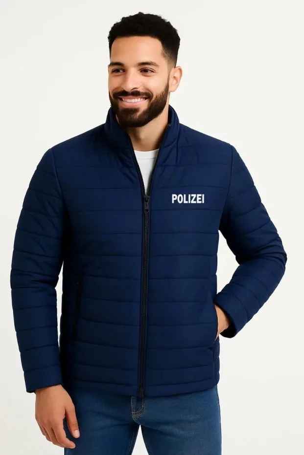 Erkek Lacivert Mikro Su İtici Kapitone Baskılı Fermuarlı Bomber Mont 1