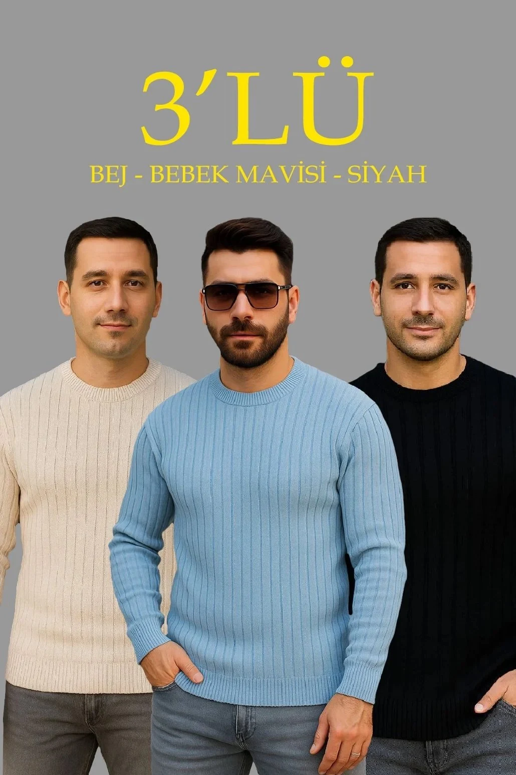 Kişi Bej Qara Körpə Mavisi Qabırğalı Velosiped Yaxalı 3'lü Dəst Sviter